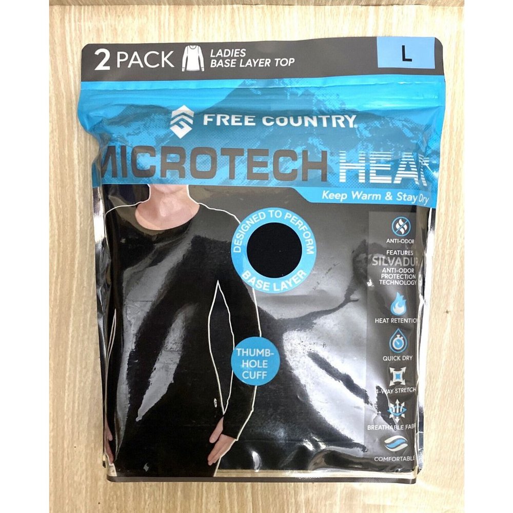 Free Country Womens Base‎ Layer Top Pack Of 2  Large Black Thumbhole Microtech